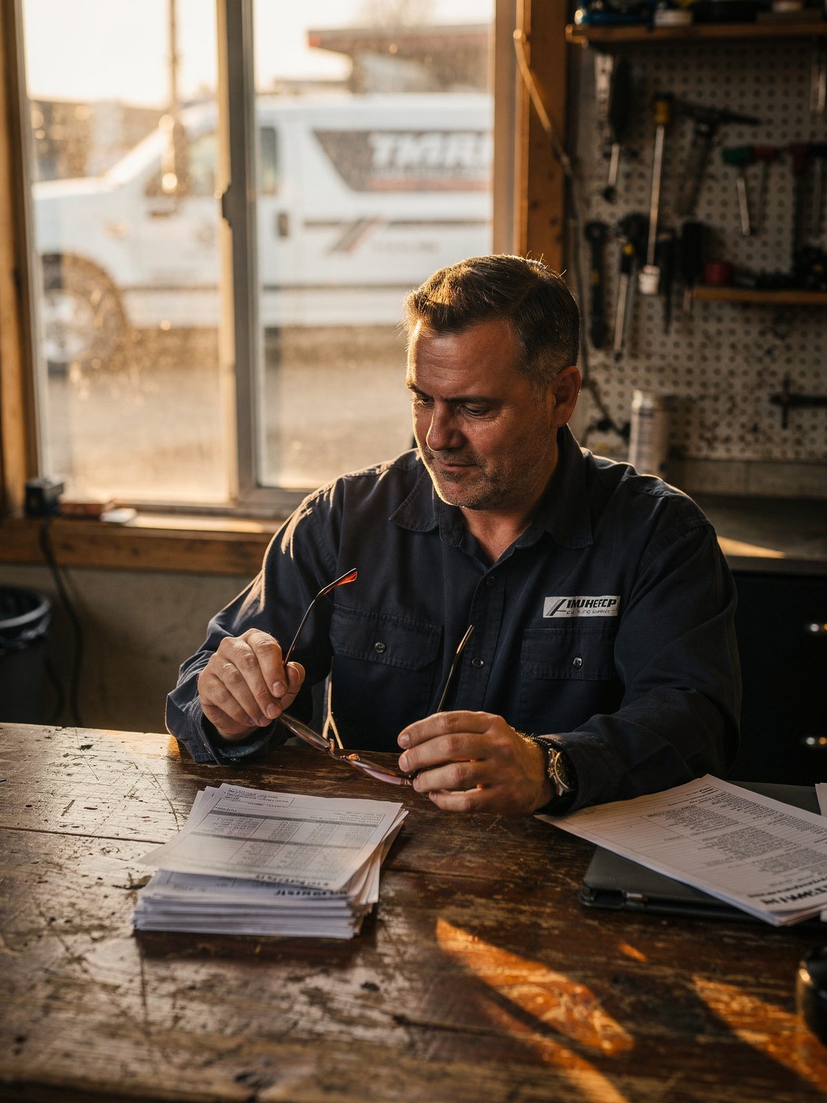 A business owner at his shop office desk with a printed statement and a stack of invoices